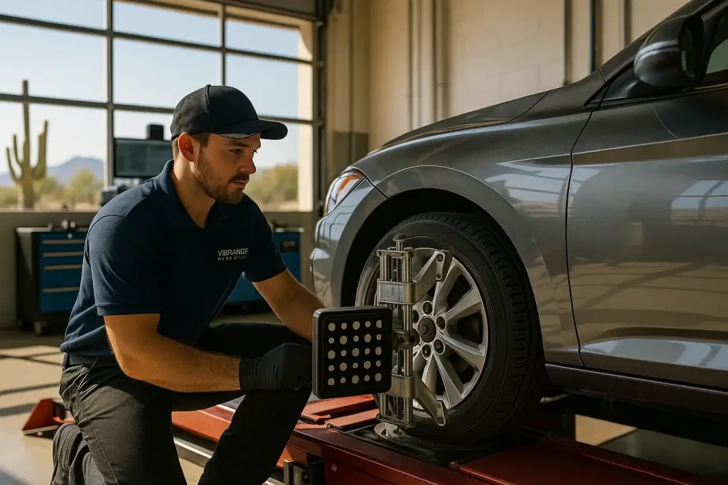 Technician performing steering and wheel alignment service