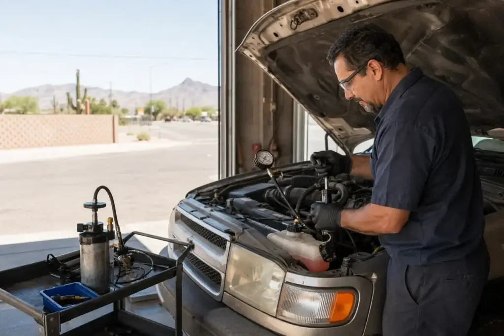 Technician pressure-testing a vehicle cooling system in a Tucson repair shop