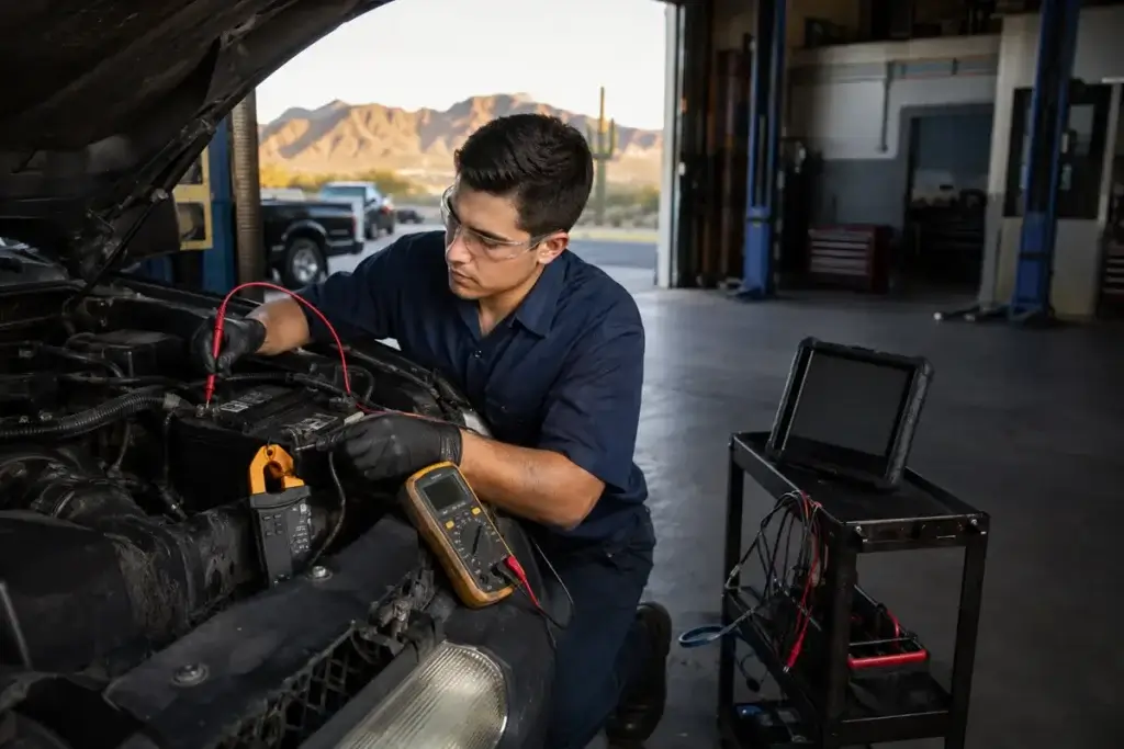 Technician testing a vehicle battery and starting circuit with diagnostic meters