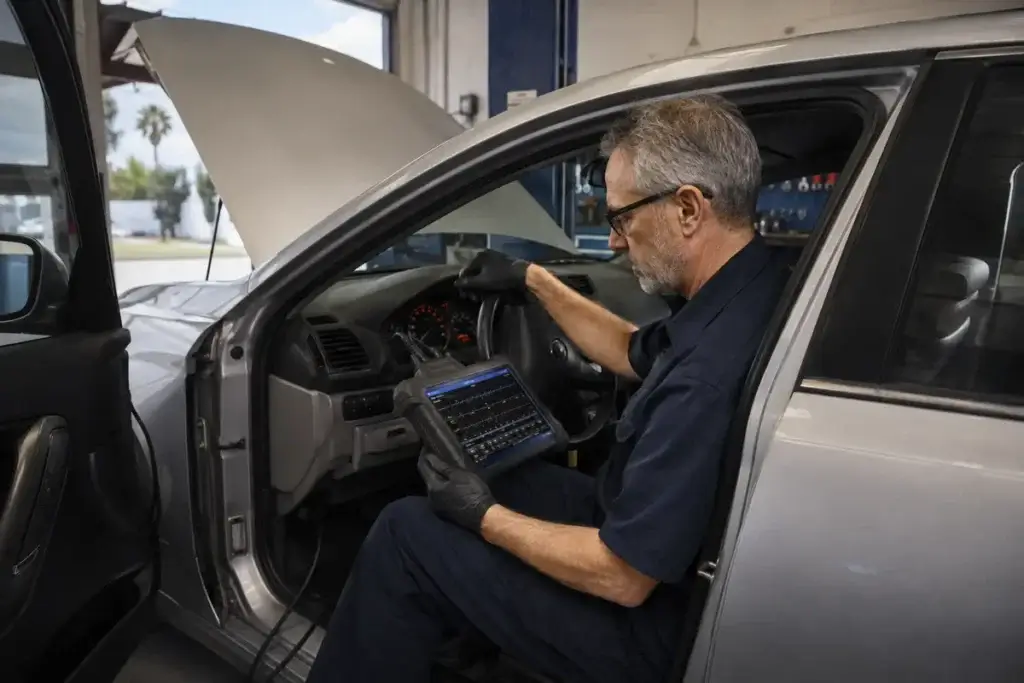 Technician analyzing live vehicle data with a professional scan tool