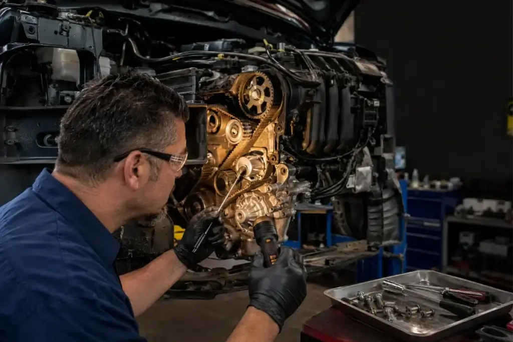 Technician inspecting a timing belt and water-pump area during engine service