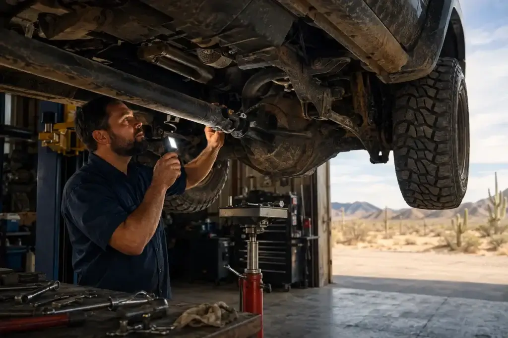 Technician inspecting a four-wheel-drive truck driveshaft and differential