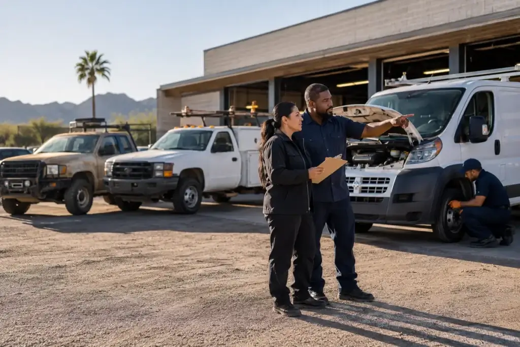 Fleet manager and automotive service team reviewing Tucson work vehicles