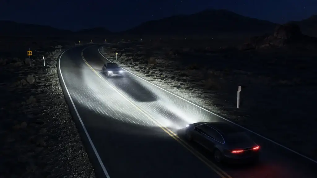 Adaptive matrix LED headlights shading an oncoming vehicle while illuminating the roadway
