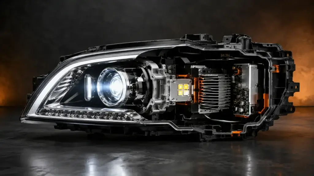 Cutaway view of a modern automotive LED headlight assembly