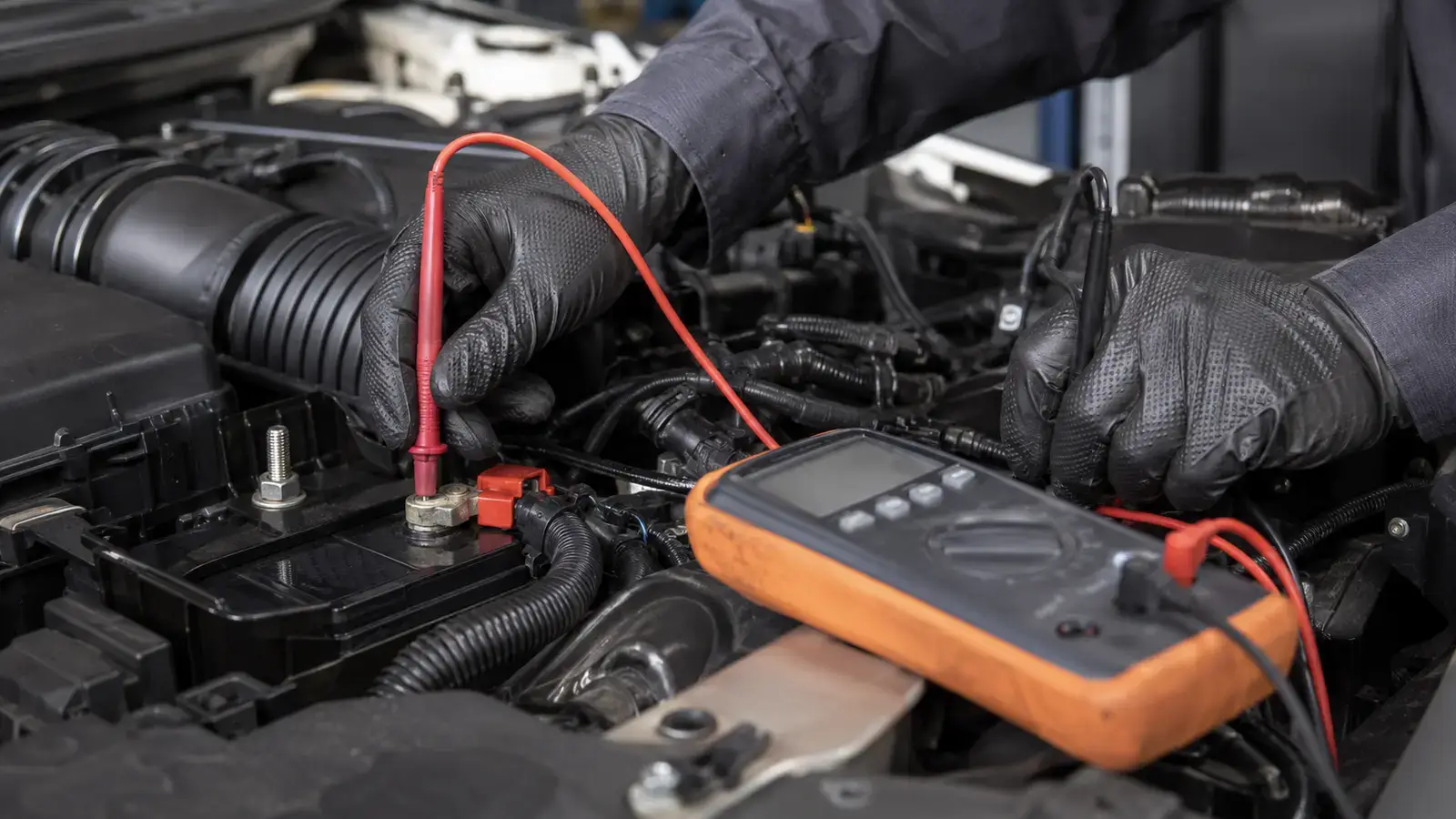 Technician testing battery and starter circuits during no-start diagnosis