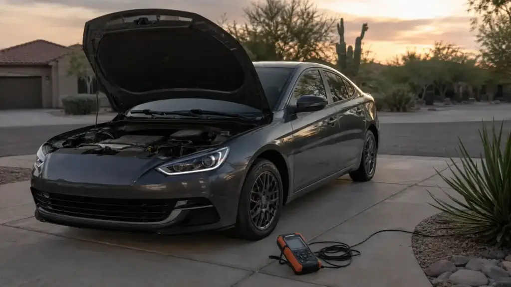 Car with hood open during an intermittent no-start problem in a Tucson driveway