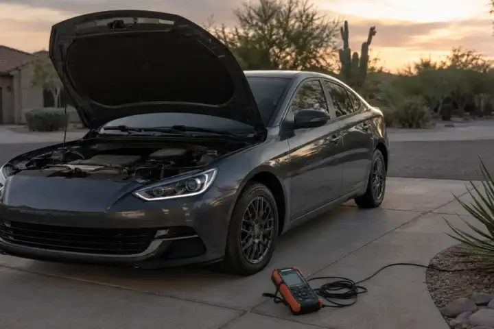 Car with hood open during an intermittent no-start problem in a Tucson driveway