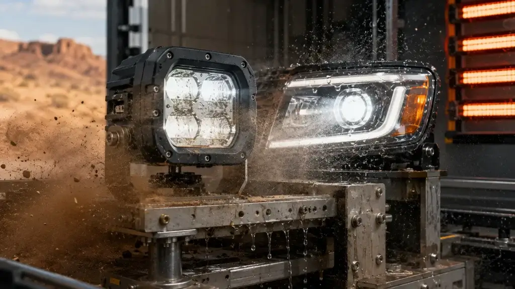 Automotive LED lamps undergoing dust, water, vibration, and heat durability testing
