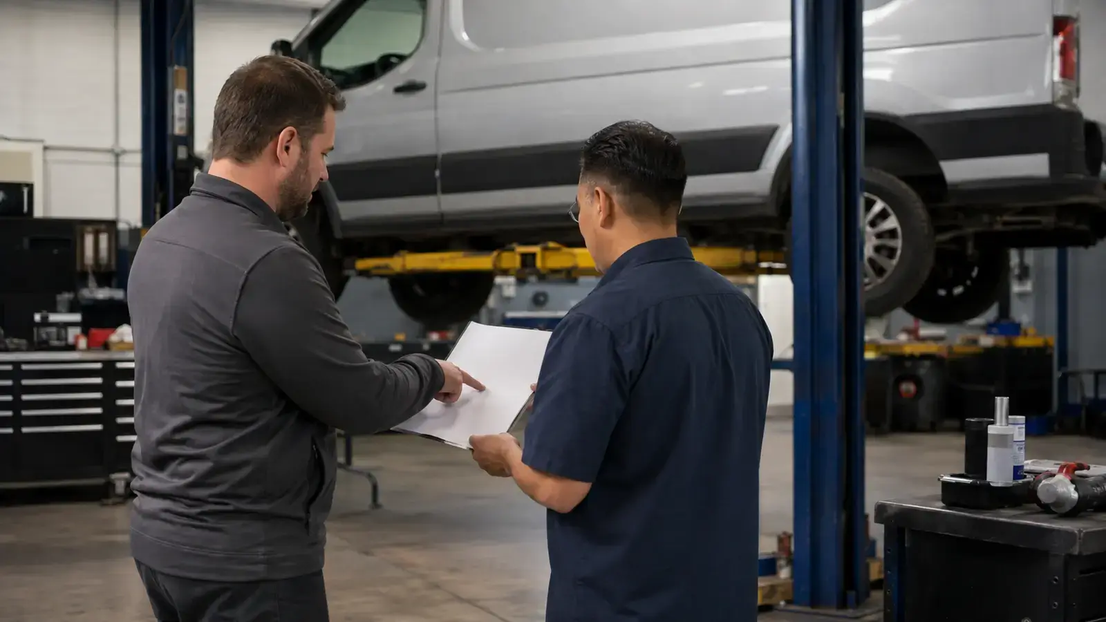 Fleet manager and service advisor reviewing a maintenance plan beside a work van