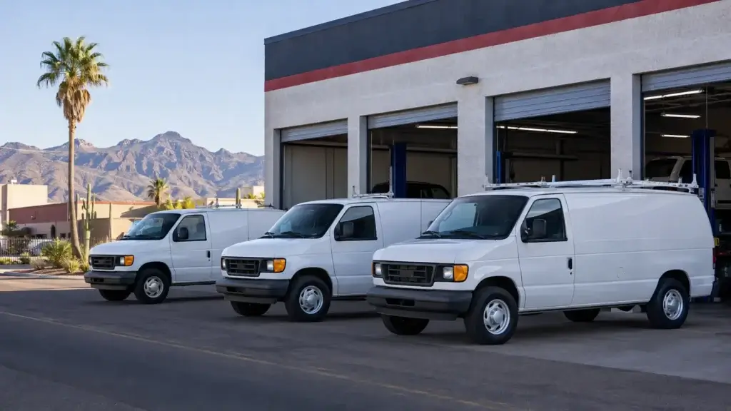 Work vans lined up for scheduled fleet maintenance at a Tucson shop