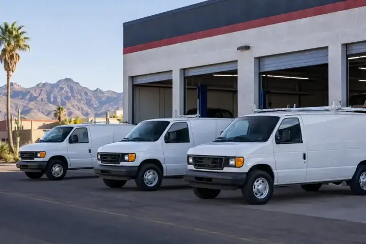 Work vans lined up for scheduled fleet maintenance at a Tucson shop