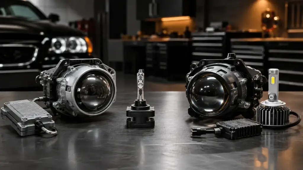 Automotive HID and LED projector headlight components compared on a workbench