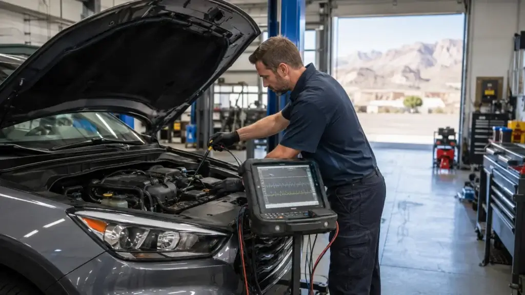 Technician performing evidence-based engine diagnosis in a Tucson repair shop