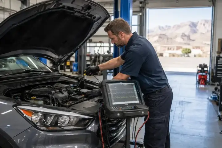 Technician performing evidence-based engine diagnosis in a Tucson repair shop