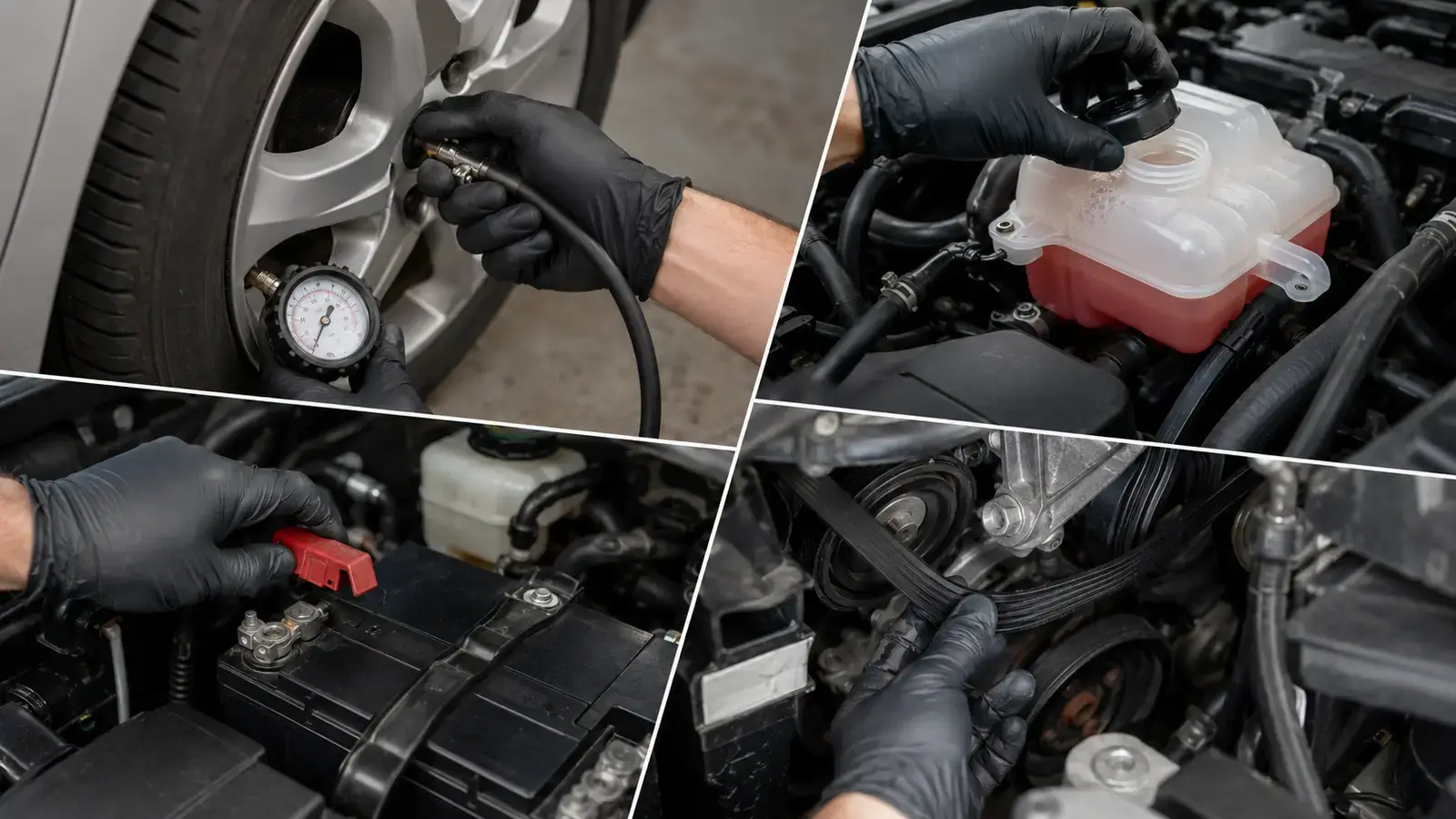Road-trip inspection of tires coolant battery and belts
