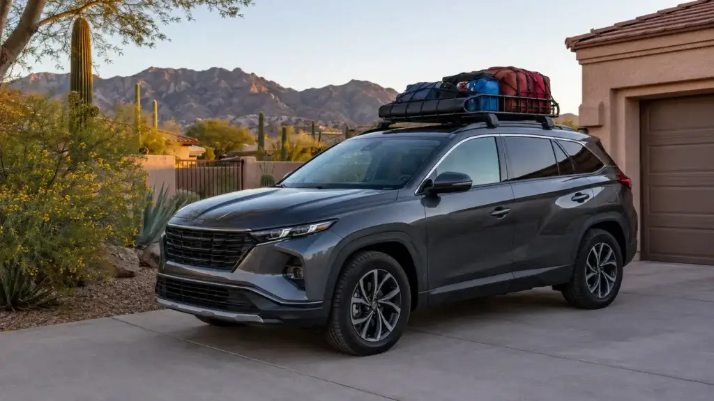 Road-trip-ready crossover parked at a Tucson home before Labor Day travel