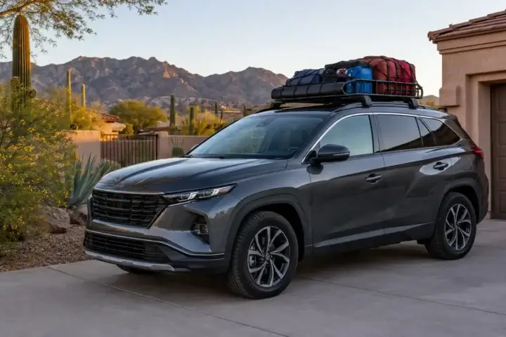 Road-trip-ready crossover parked at a Tucson home before Labor Day travel