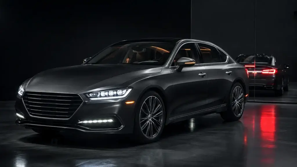 Modern sedan displaying headlights, running lights, signals, taillights, and interior LED lighting