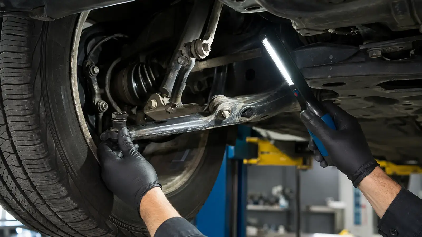 Mechanic inspecting steering and suspension components after pothole impact