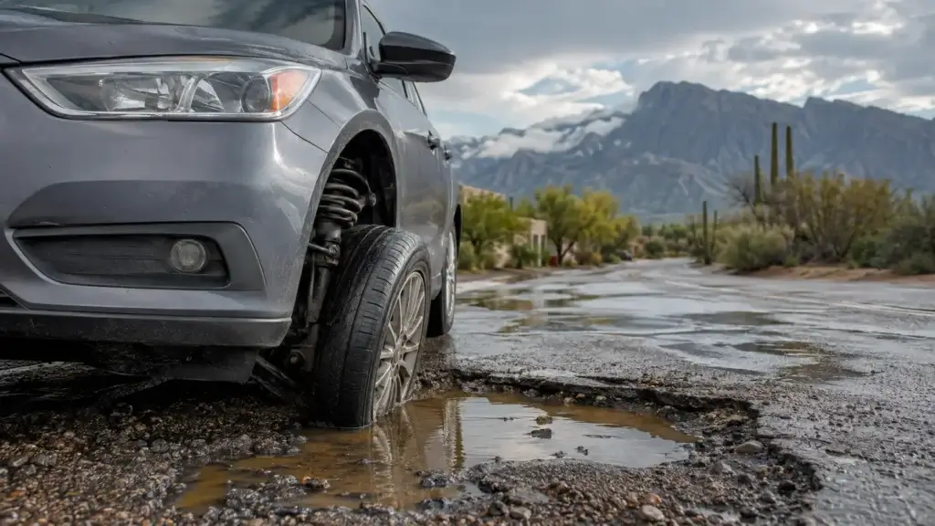 Car wheel beside a rain-filled pothole on a Tucson street