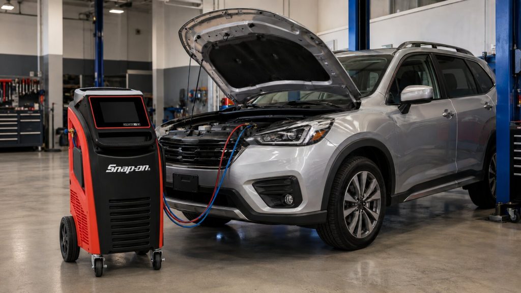 Snap-on PolarTek R-1234yf AC machine connected to a modern vehicle at Vibrance Automotive