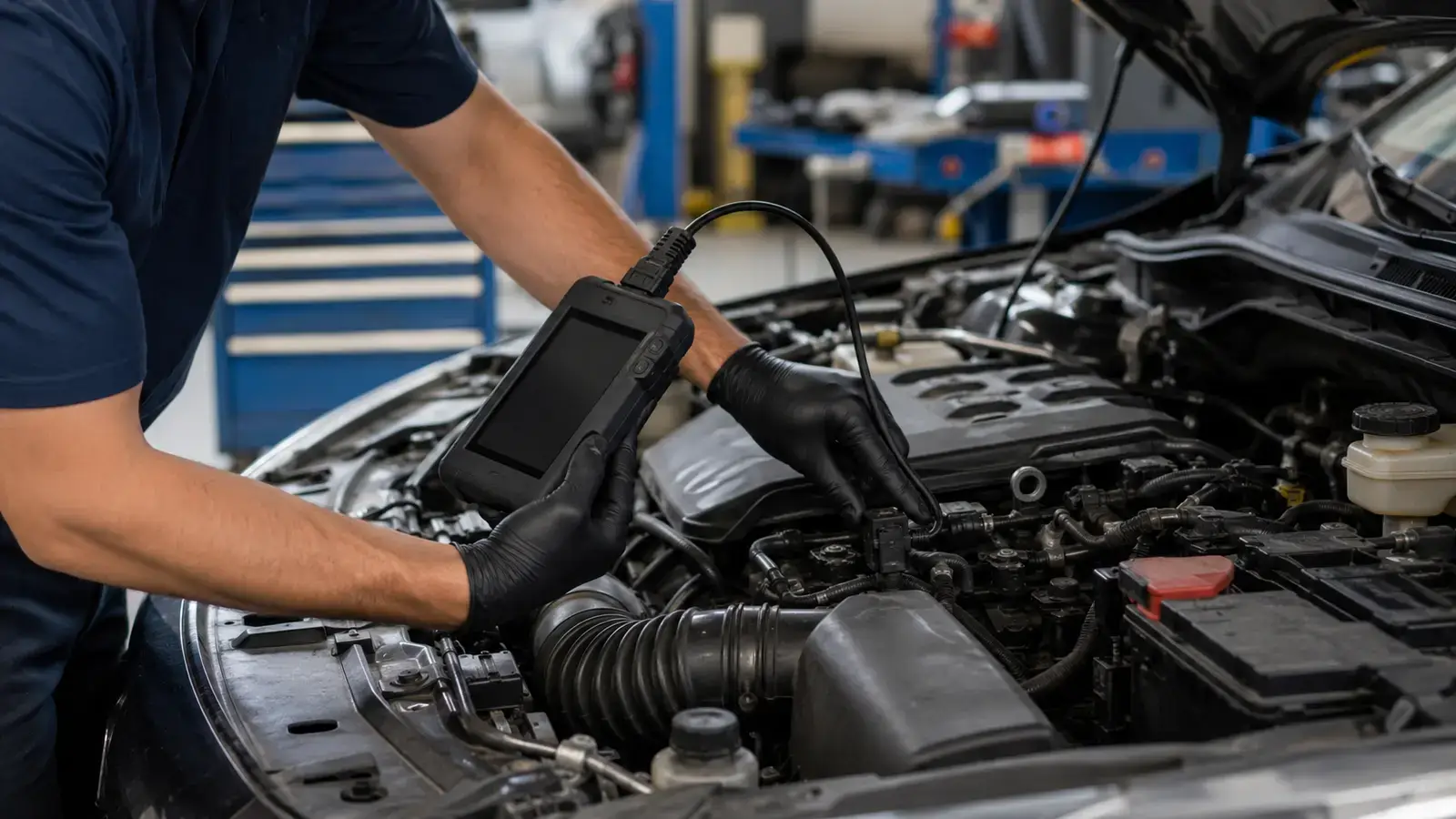 Mechanic scanning a vehicle after a dashboard warning light