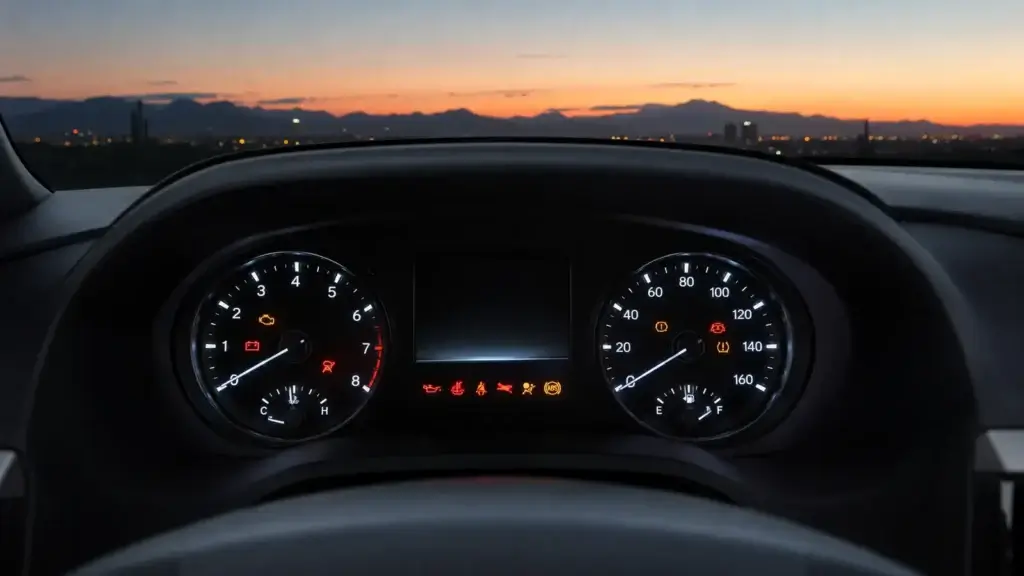 Dashboard warning lights illuminated in a parked car at Tucson dusk