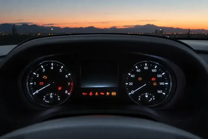 Dashboard warning lights illuminated in a parked car at Tucson dusk