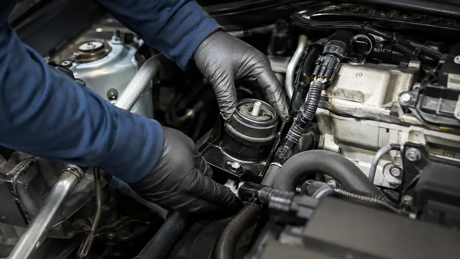 Technician inspecting an engine mount and wiring during vehicle diagnosis