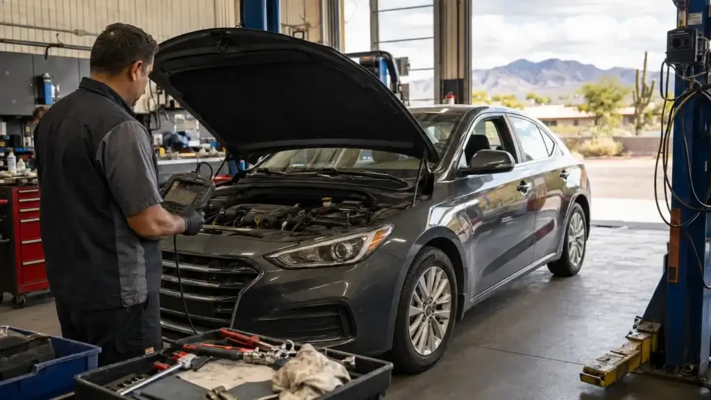 Technician diagnosing a sedan in a Tucson automotive repair shop
