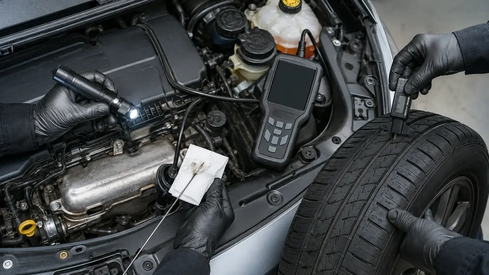 Used-car inspection tools checking tire tread fluids and vehicle systems