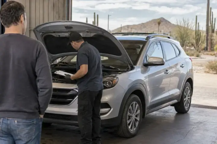 Mechanic performing a pre-purchase inspection on a used crossover in Tucson