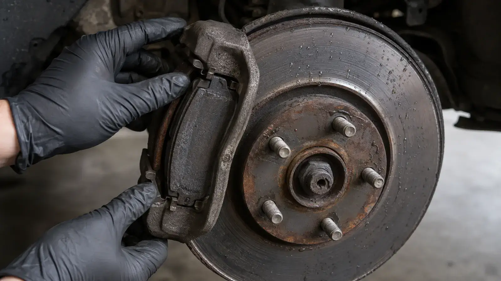 Close inspection of a wet brake rotor caliper and brake pad