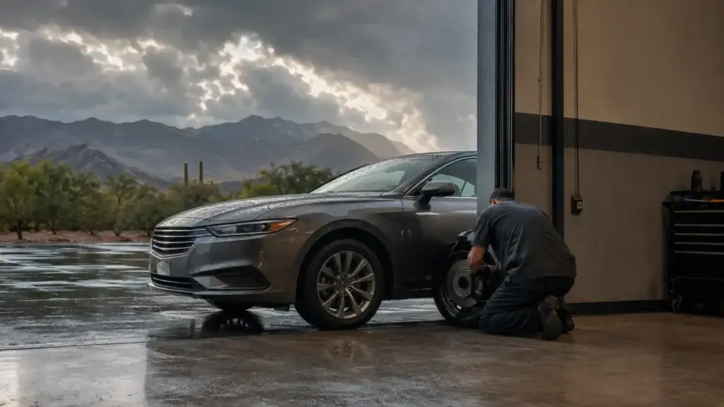 Mechanic inspecting sedan brakes after Tucson monsoon rain
