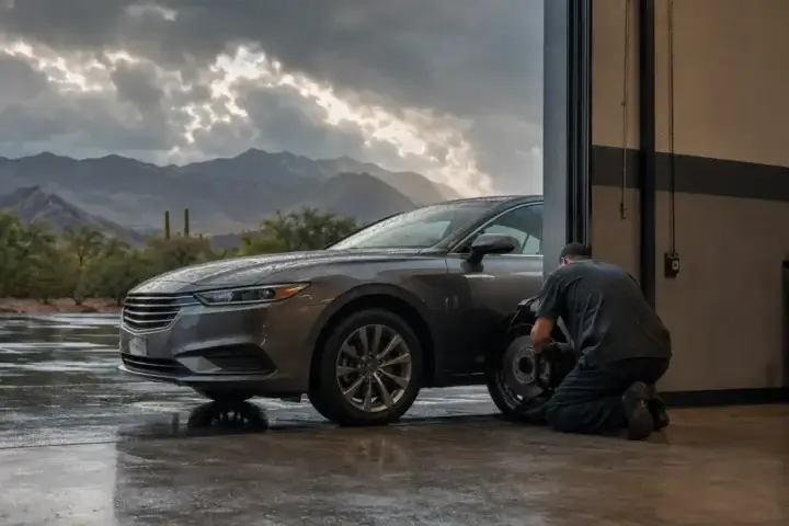 Mechanic inspecting sedan brakes after Tucson monsoon rain