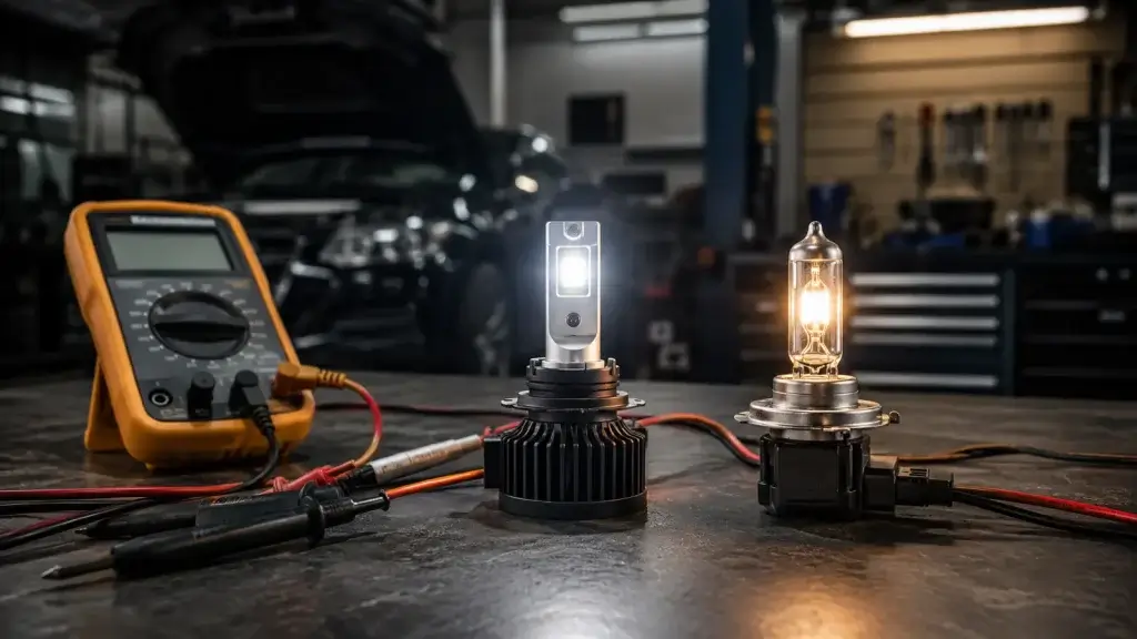 Automotive LED and halogen headlight bulbs compared during an electrical current test